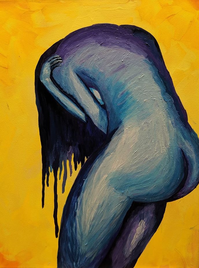 naked woman painted in blue with yellow background